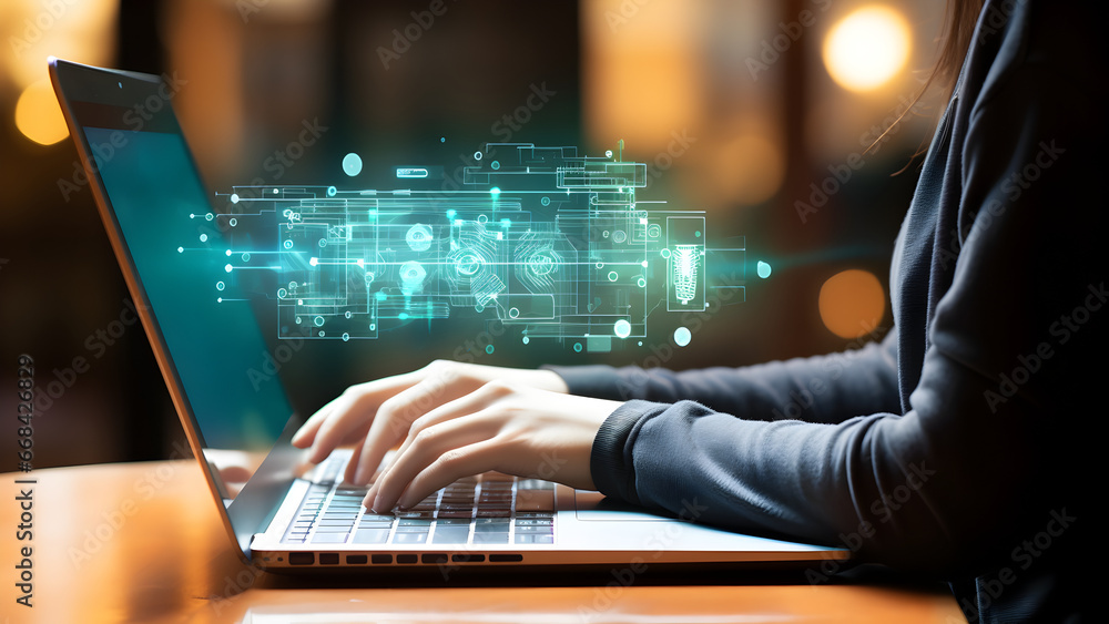 A woman is working on her laptop. Using highly advanced AI technology, her work is represented as a hologram. This scene shows the harmony between humans and technology. Generative AI A woman is working on her laptop. Using highly advanced AI technology, her work is represented as a hologram. This scene shows the harmony between humans and technology. Generative AI
