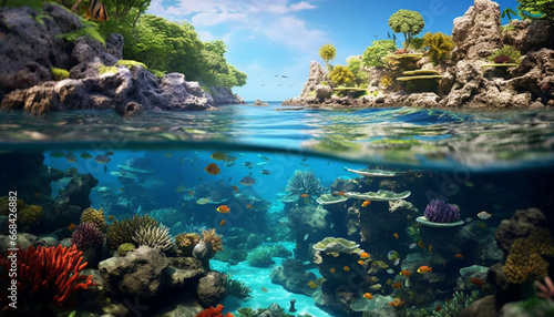 Underwater reef, nature fish, coral, tropical climate, deep blue generated by AI