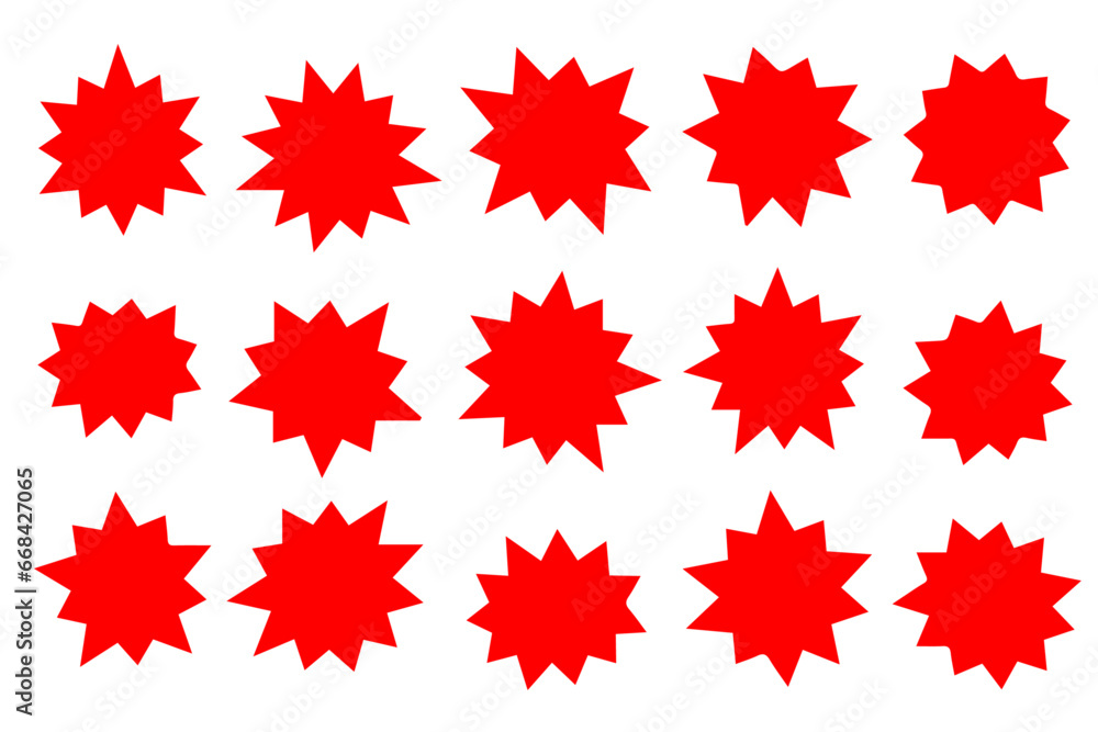 Red starburst vector. Price sticker, sale sticker, price tag, starburst, quality mark, retro stars, sale or discount sticker, sunburst badges, sun ray frames, promotional badge set, shopping labels. Red starburst vector. Price sticker, sale sticker, price tag, starburst, quality mark, retro stars, sale or discount sticker, sunburst badges, sun ray frames, promotional badge set, shopping labels.