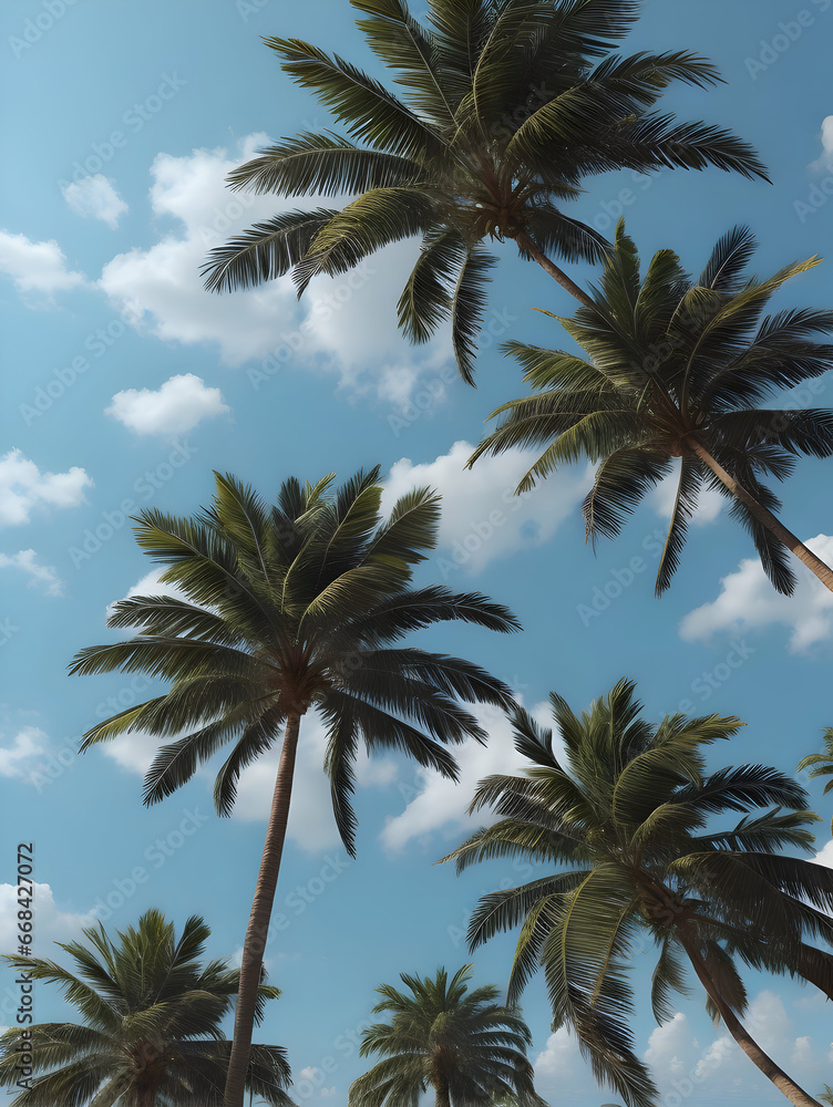Green coconut palm trees under blue sky with clouds
