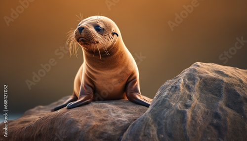 Fotografia Cute seal pup resting on rocky coastline, looking at camera generated by AI