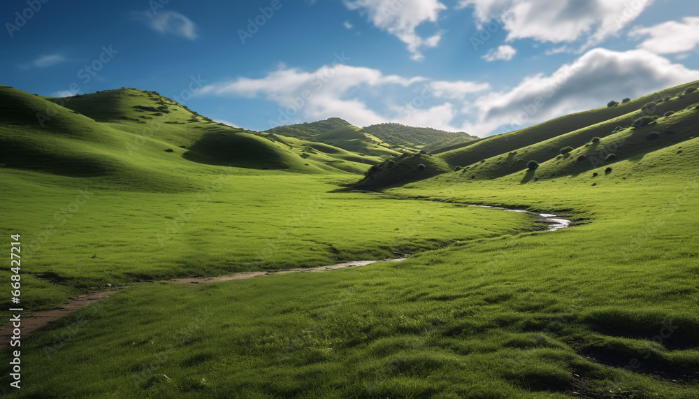 Majestic mountain range, green meadow, tranquil sky, beauty in nature generated by AI Majestic mountain range, green meadow, tranquil sky, beauty in nature generated by AI