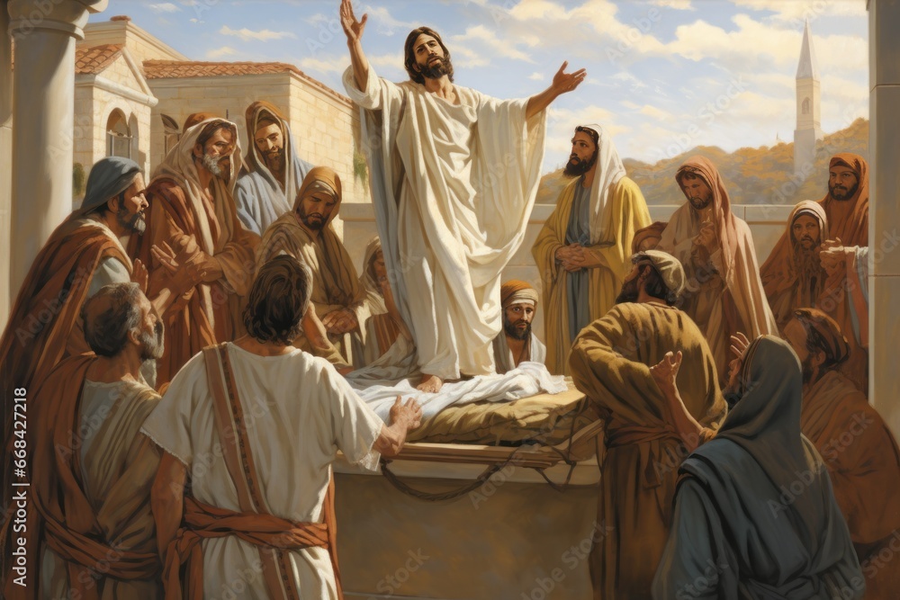 Jesus healing a paralytic man lowered through a roof by his friends.