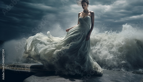 A beautiful bride dances in flowing wedding dress by water generated by AI