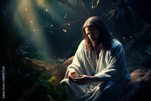 Jesus praying in the Garden of Gethsemane under moonlight.