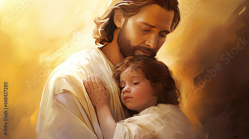 jesus and a child with the sunlight