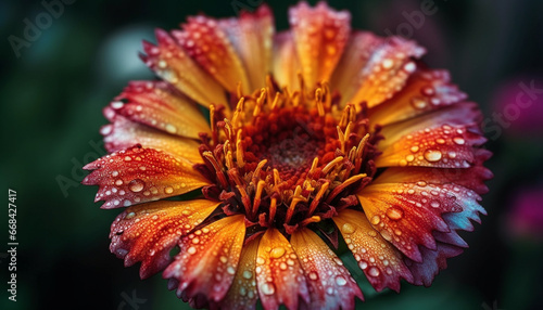 Vibrant daisy blossom, wet with dew, brings beauty to nature generated by AI