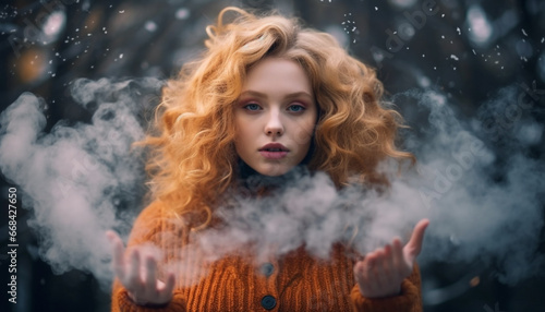 Young adult female with curly hair looking at camera outdoors generated by AI