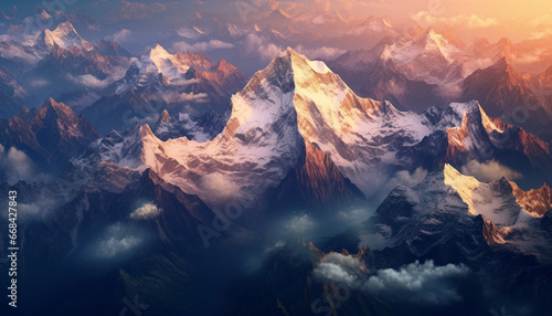 Majestic mountain peak, snow capped, sunset nature beauty in panoramic view generated by AI