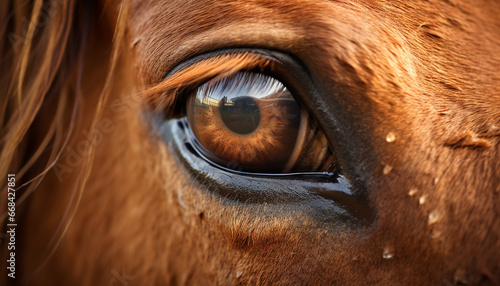 Close up of horse eye, looking at camera in nature generated by AI