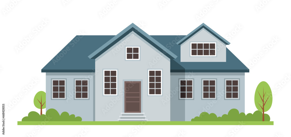 Various urban house. Grey building with blue roof. Facade and exterior. Cottage and townhouse. Template and layout. Cartoon flat vector illustration isolated on white background Various urban house. Grey building with blue roof. Facade and exterior. Cottage and townhouse. Template and layout. Cartoon flat vector illustration isolated on white background