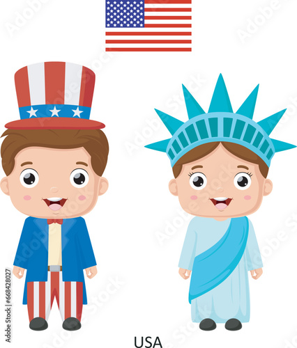 Cute USA boy and girl in national clothes