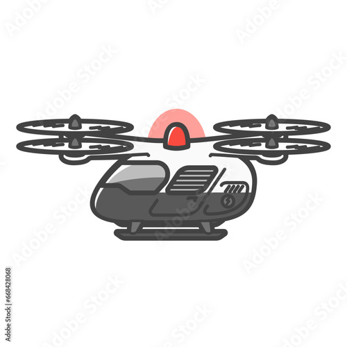未来の乗り物、警察のパトカー仕様・eVTOL(空飛ぶクルマ)・マルチローター型のEV電気航空機のイラスト
