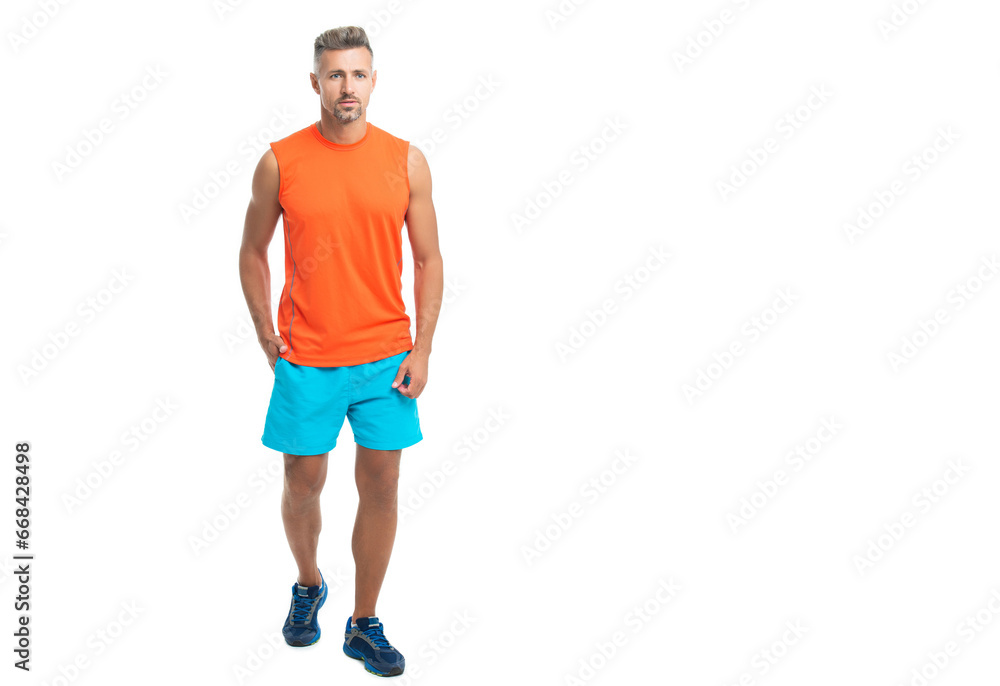 athletic sportsman in sportswear for man to do sport and fitness training in gym isolated on white studio background, advertisement