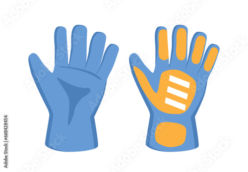 Football element sticker. Blue goalkeepers gloves. Tournament and competitions. Footballer equipment. Template and layout. Cartoon flat vector illustration isolated on white background
