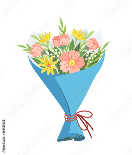 Bouquet with flowers. Romantic gift or present, surprise at Valentines Day. Bloom and blossom plants in wrapping paper. Cartoon flat vector illustration isolated on white background