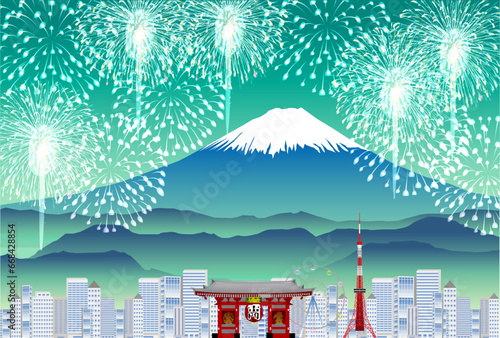 富士山　花火　新年　背景