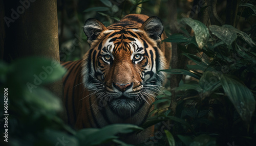 Majestic Bengal tiger staring  close up portrait in tropical rainforest generated by AI