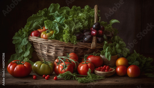Fresh organic vegetables in a rustic wicker basket on wooden table generated by AI
