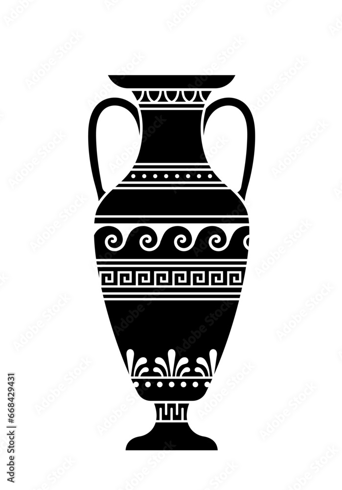 Greek culture black scene. Ceramic vase with patterns. Creativity of medieval Era. History and culture. Graphic element for website. Cartoon flat vector illustration isolated on white background