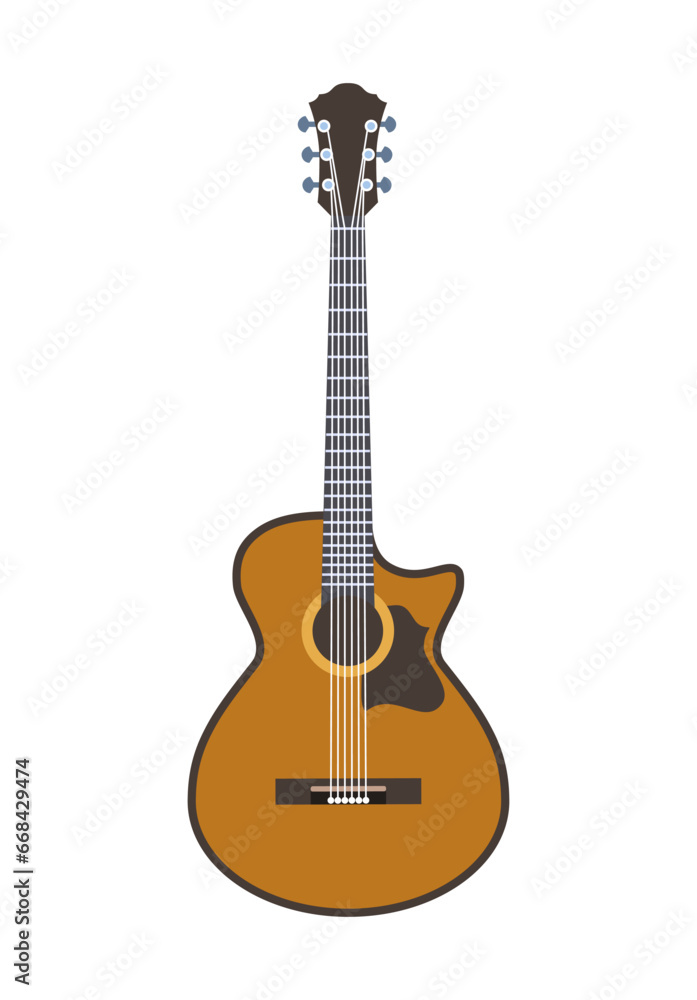 Various guitar sticker. Acoustic musical instrument for guitarists. Creativity and music. Sticker for social networks and messengers. Cartoon flat vector illustration isolated on white background