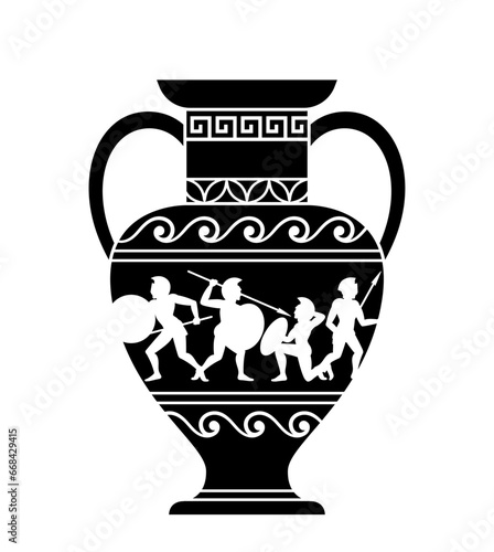 Greek culture black scene. Ceramic vase with patterns. Creativity of medieval Era. Kitchen utensil and dishware. Poster or banner. Cartoon flat vector illustration isolated on white background