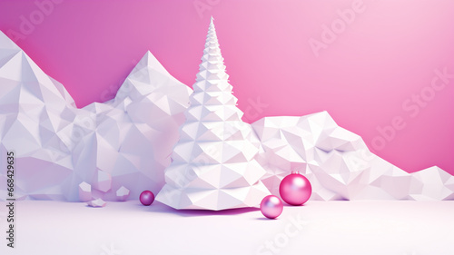 Creative minimalistic Christmas background. White Christmas tree and Christmas decorations on a white and pink background with a copy space.  AI-generated image, illustration photo