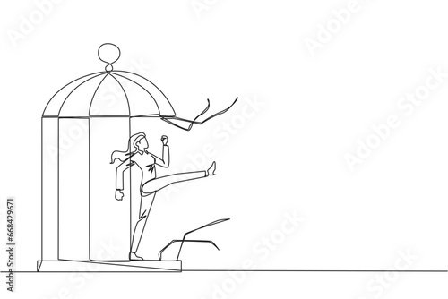 Single one line drawing businesswoman trapped in cage kick the cage until wrecked. Freedom of expression for the smooth running of business. Distractions. Continuous line design graphic illustration