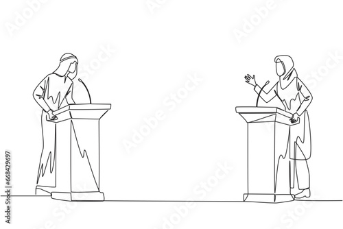 Continuous one line drawing Arabian businessman and businesswoman arguing on the podium. Throwing arguments at each other, not wanting to give in. Feel most right. Single line draw vector illustration