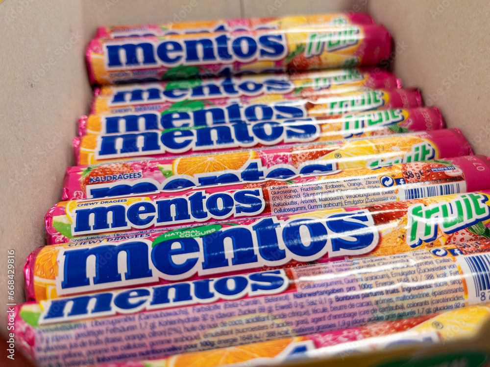 Mentoes Box Mentos Fruit Chewy Dragees in a Box on a Shelf Stock Photo | Adobe Stock