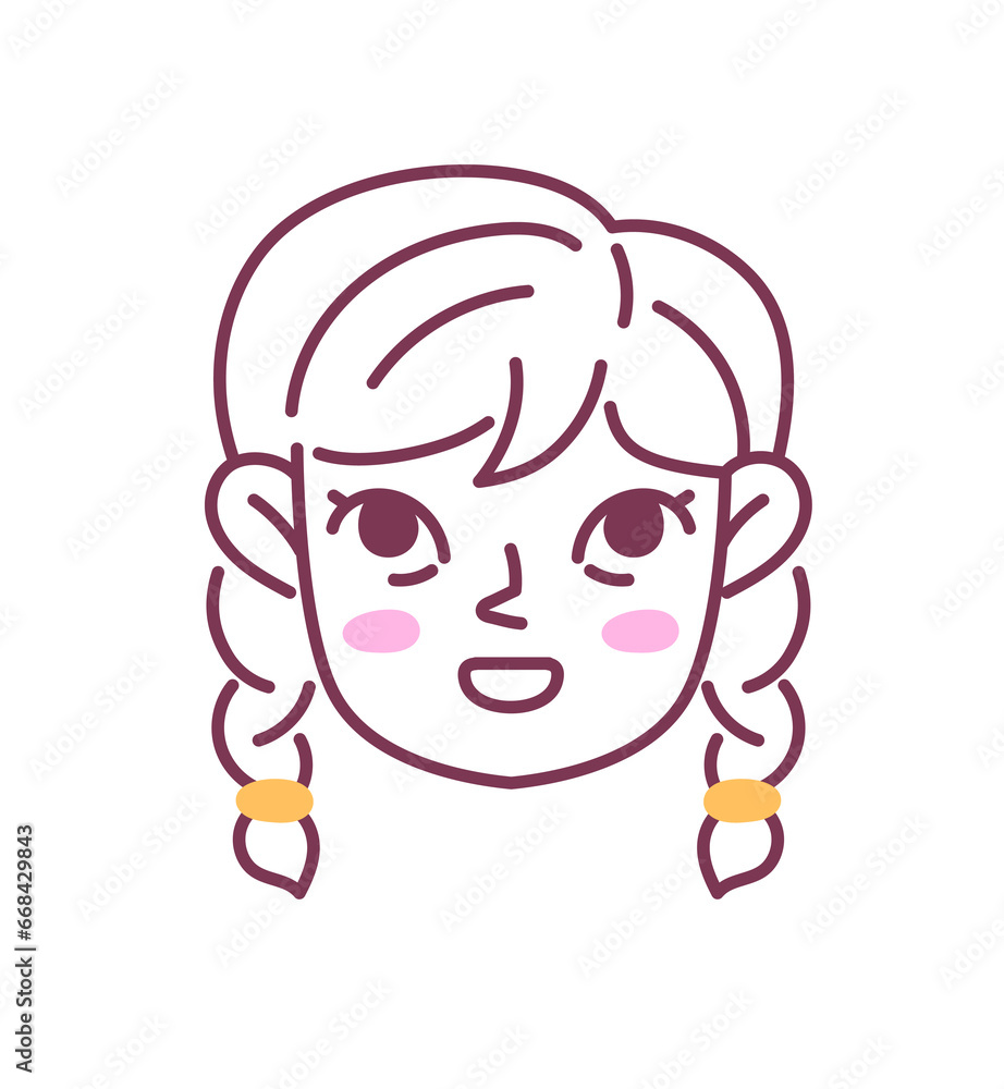 Female hairstyle doodle avatar. Young girl with blonde hairs with yellow rubbers. UI and UX design for social networks website. Cartoon flat vector illustration isolated on white background
