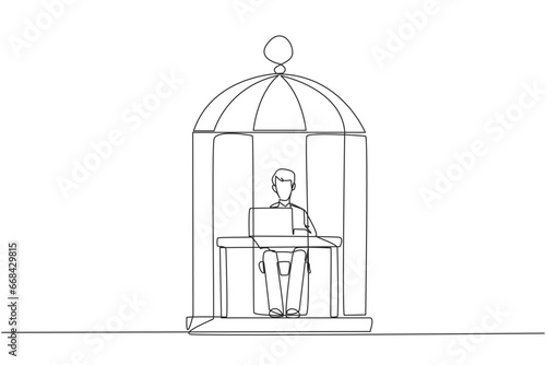 Continuous one line drawing businessman trapped in cage sitting and typing on laptop computer. Tiring routine. Unhappy businessman with the many deadline. Single line draw design vector illustration