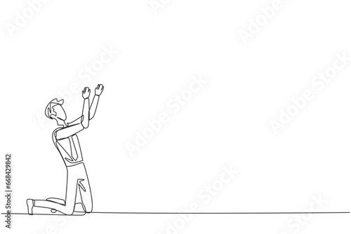 Continuous one line drawing businessman kneeling raising hands to pray. Praying to make it easier to do business. Businessman lost hope. Surrender. Sadness. Single line draw design vector illustration