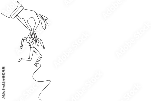 Single one line drawing big hand holding businessman. Workplace moving metaphor. Position transfer. Level up. Have bigger responsibilities. Successful. Continuous line design graphic illustration