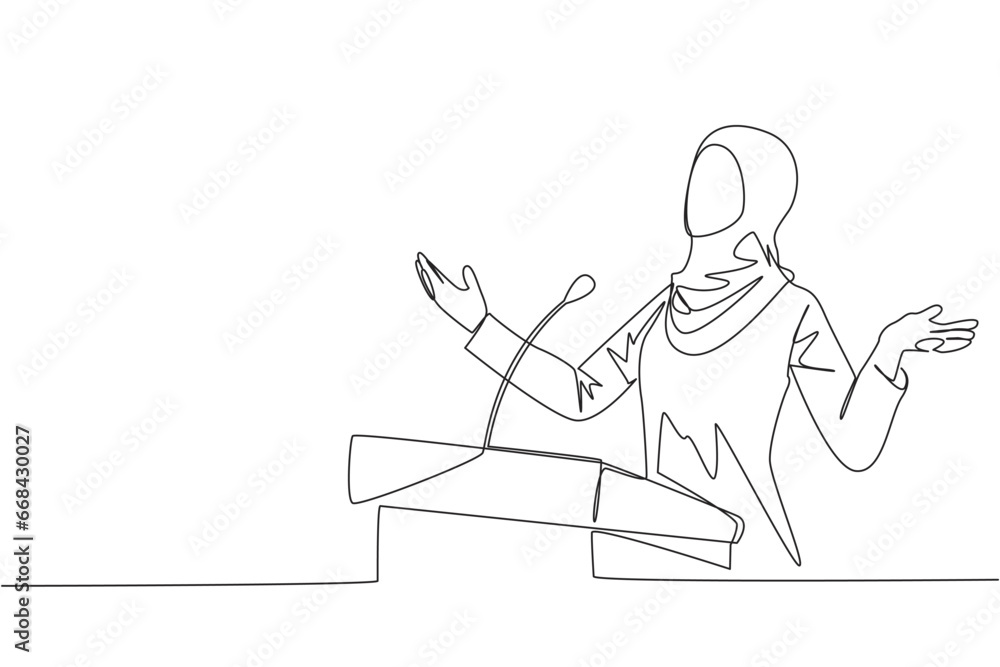 Single continuous line drawing young Arab businesswoman speaking at podium while opening hands. Explain history of the company to become a multinational company. One line design vector illustration