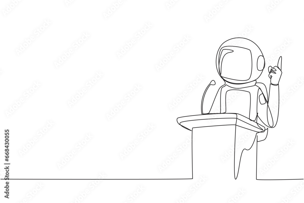 Single continuous line drawing young astronaut speaking at the podium while giving gesture of lifting one finger up. Inspirational speech. Conference stage. Orator. One line design vector illustration