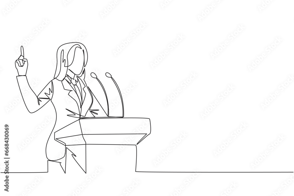 Single one line drawing young energetic businesswoman speaking at the podium while lifting index finger up. She made a favorable statement for the company. Continuous line design graphic illustration Single one line drawing young energetic businesswoman speaking at the podium while lifting index finger up. She made a favorable statement for the company. Continuous line design graphic illustration