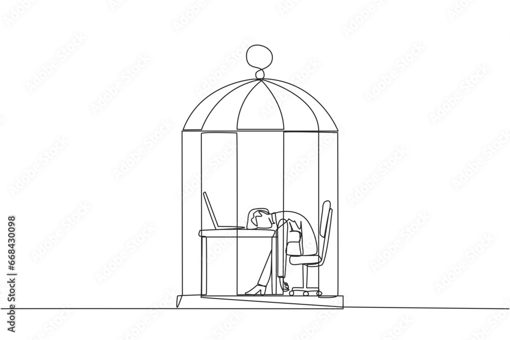 Continuous one line drawing businesswoman trapped in cage asleep on laptop. Tired of repetitive routines. The many deadlines require overtime every day. Single line draw design vector illustration