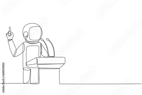 Single continuous line drawing young energetic astronaut speaking at the podium while lifting index finger up. Made a favorable statement for the company. Orator. One line design vector illustration