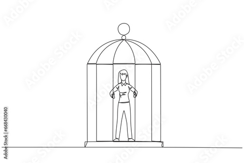 Single continuous line drawing unhappy businesswoman trapped in cage standing hold the iron bars. Imprisoned body and mind. Limited opportunity. Feeling exhausted. One line design vector illustration