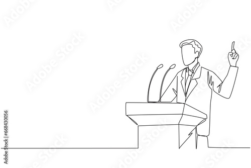 Continuous one line drawing young energetic businessman speaking at the podium while lifting index finger up. He made a favorable statement for the company. Single line draw design vector illustration
