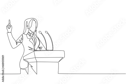 Single one line drawing young energetic businesswoman speaking at the podium while lifting index finger up. She made a favorable statement for the company. Continuous line design graphic illustration