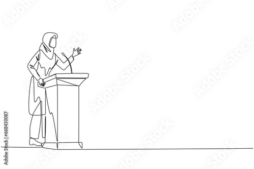 Single continuous line drawing Arabian businesswoman speech standing at podium. Inviting to everyone to be more concerned with natural condition to avoid air pollution. One line vector illustration