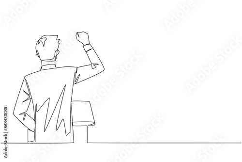 Continuous one line drawing rear view of a businessman speaking at the podium. Raising and clenching hands, he enthusiastically gave financial gain oration. Single line draw design vector illustration