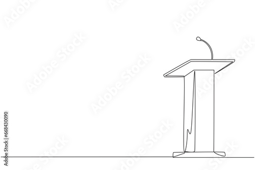 Single one line drawing podium with microphone. Usually used in speech or oration. Also work for press releases. Podium can also used for debate election. Orator. Continuous line graphic illustration