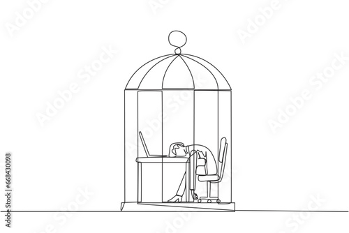 Continuous one line drawing businesswoman trapped in cage asleep on laptop. Tired of repetitive routines. The many deadlines require overtime every day. Single line draw design vector illustration