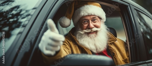 Santa Claus posing in car giving thumbs up