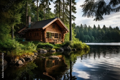 Scandinavian log cabin overlooking serene lakeside.