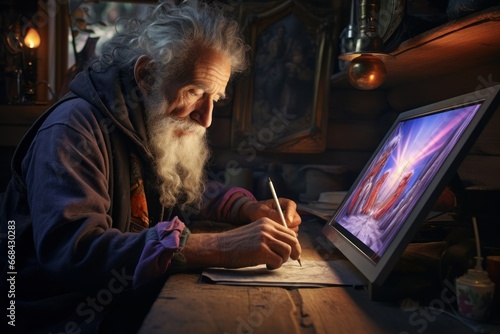 Senior man creating digital art on a graphic tablet.