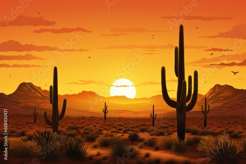 Silhouette of cactus against a golden desert sunset. © Lucija